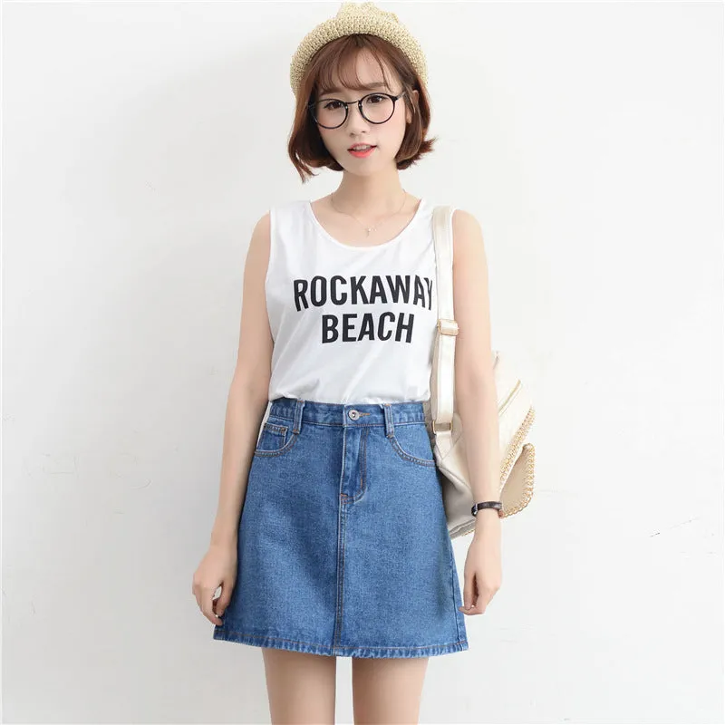 Korean Vintage High Waist Slim Look Hip Flattering A-Line Denim Short Korea BF College Solid Colored Skirt