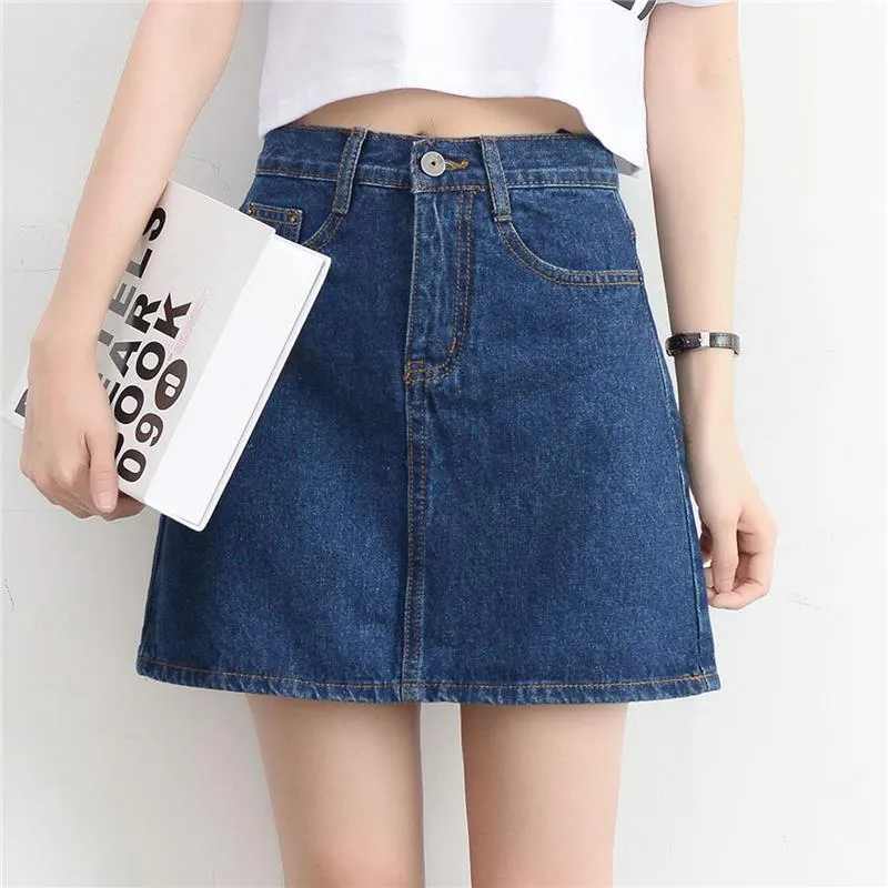 Korean Vintage High Waist Slim Look Hip Flattering A-Line Denim Short Korea BF College Solid Colored Skirt