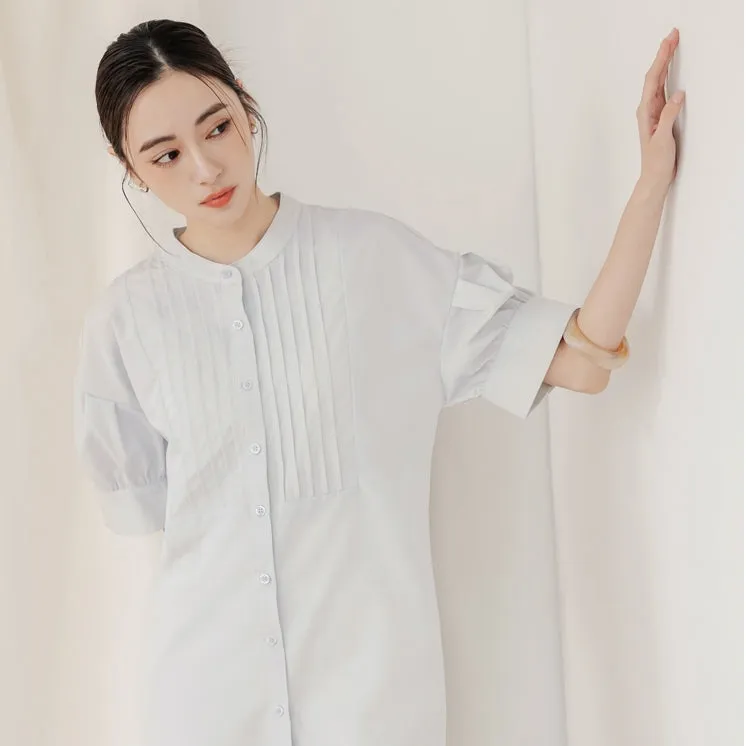 Korean Wrinkle Free Pleated Puff Sleeve Long Shirt Top