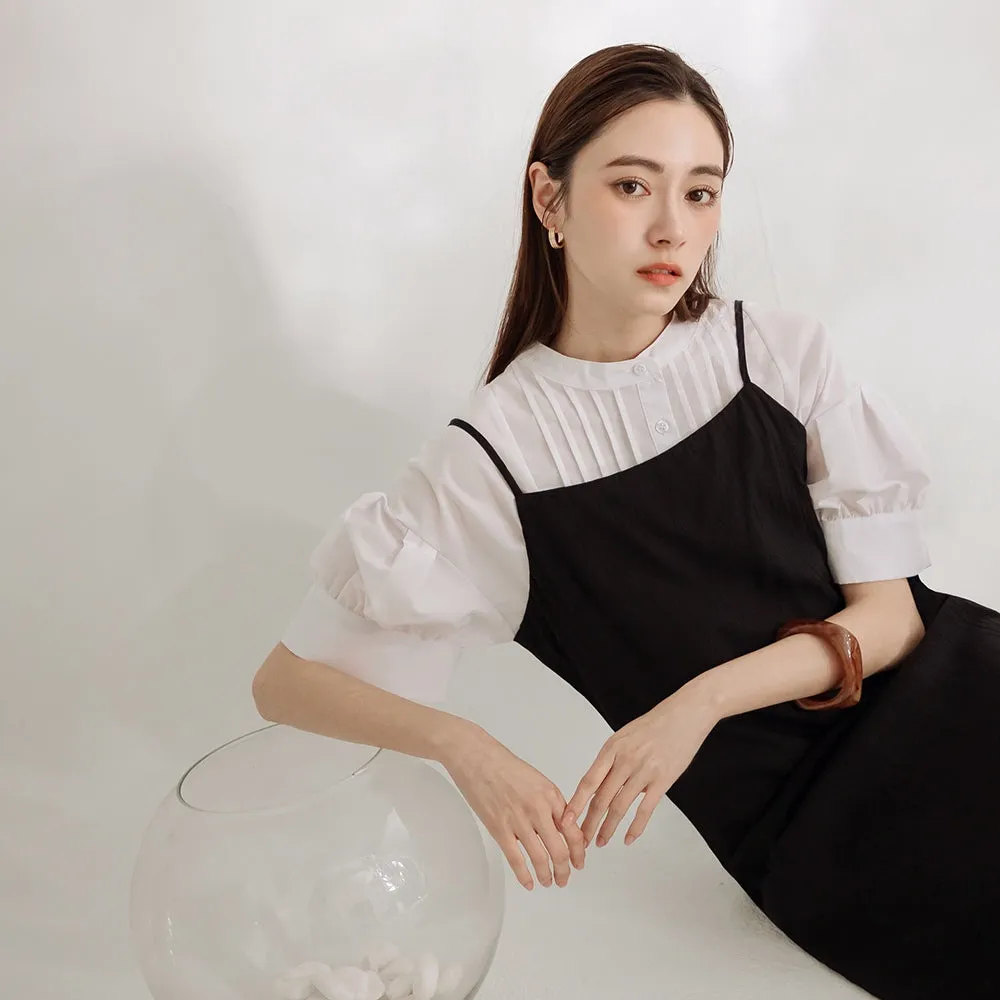 Korean Wrinkle Free Pleated Puff Sleeve Long Shirt Top