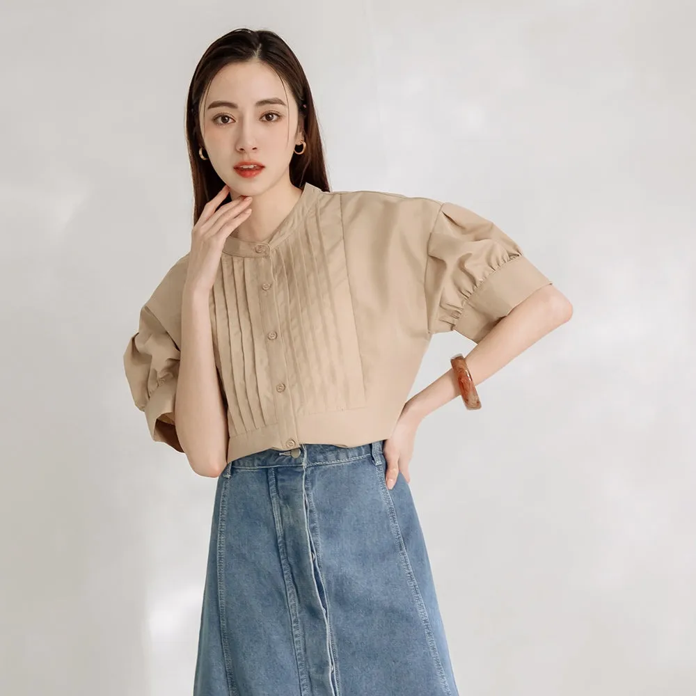 Korean Wrinkle Free Pleated Puff Sleeve Long Shirt Top