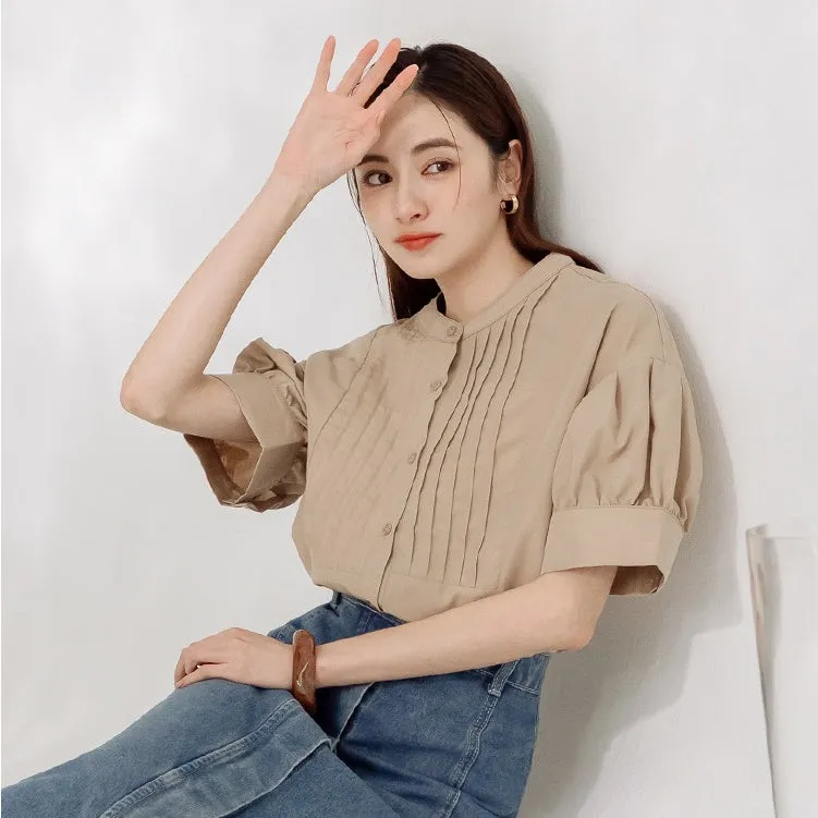 Korean Wrinkle Free Pleated Puff Sleeve Long Shirt Top