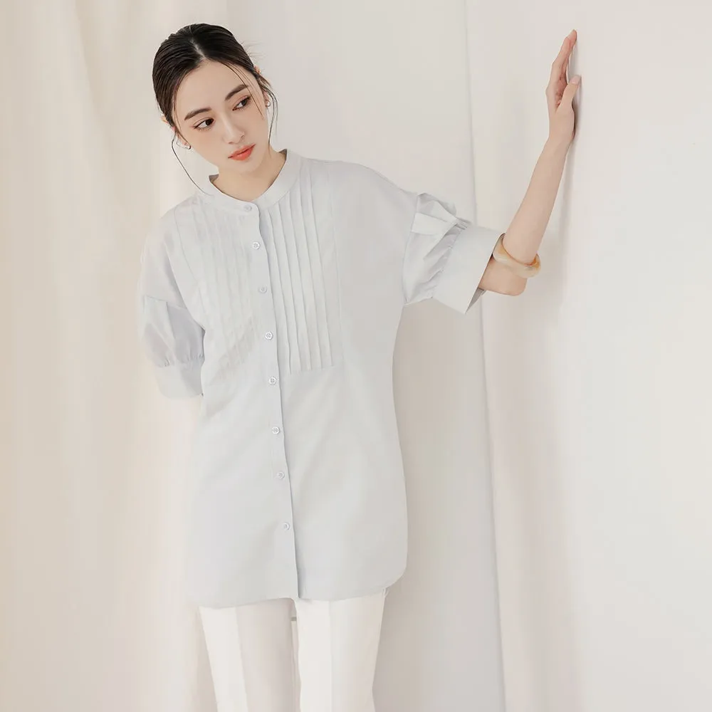Korean Wrinkle Free Pleated Puff Sleeve Long Shirt Top