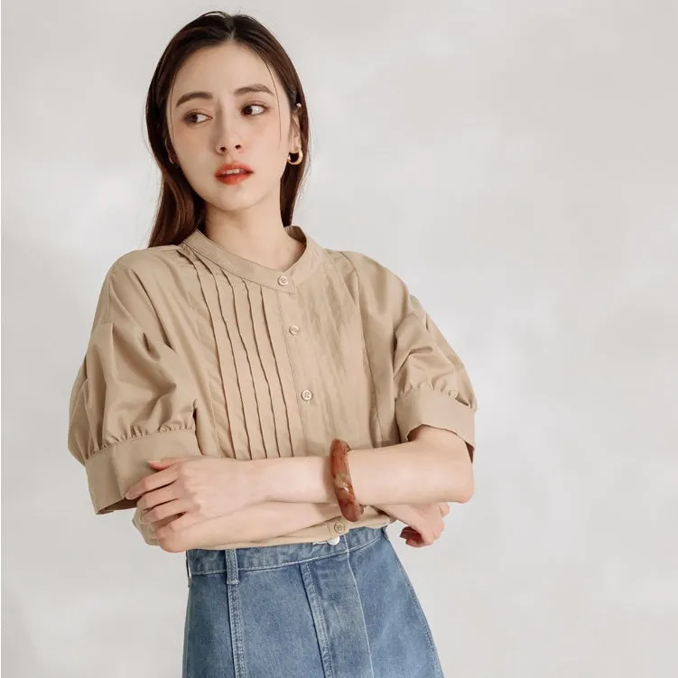 Korean Wrinkle Free Pleated Puff Sleeve Long Shirt Top