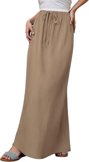 Linen Maxi Skirts for Women 2025 Summer Comfort Casual Work Maxi Skort Elastic Drawstring Business Long Midi Skorts