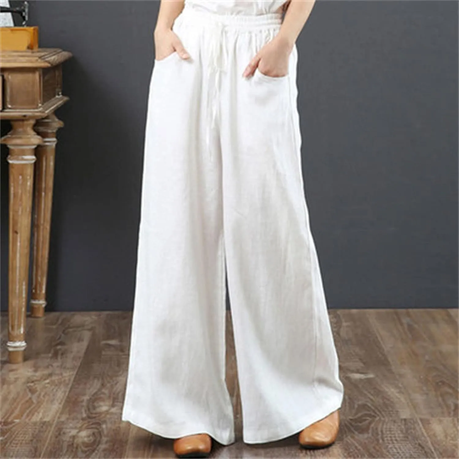 Linen Pants for Women Casual Loose Fit Flowy Wide Leg Pants Stretchy Straight Summer Beach Vacation Trousers with Pockets