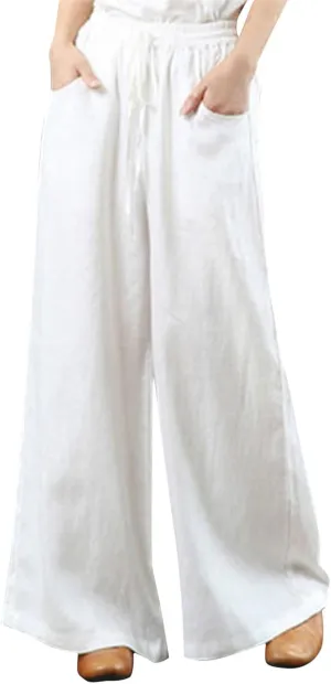 Linen Pants for Women Casual Loose Fit Flowy Wide Leg Pants Stretchy Straight Summer Beach Vacation Trousers with Pockets