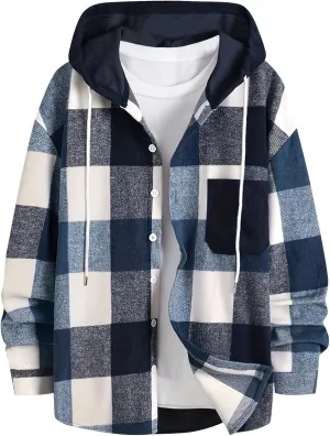 Mens Oversized Hoodie Jackets Plaid Printed Casual Fall Jackets Long Sleeve Loose Fit Comfy Warm Preppy Casual Coat