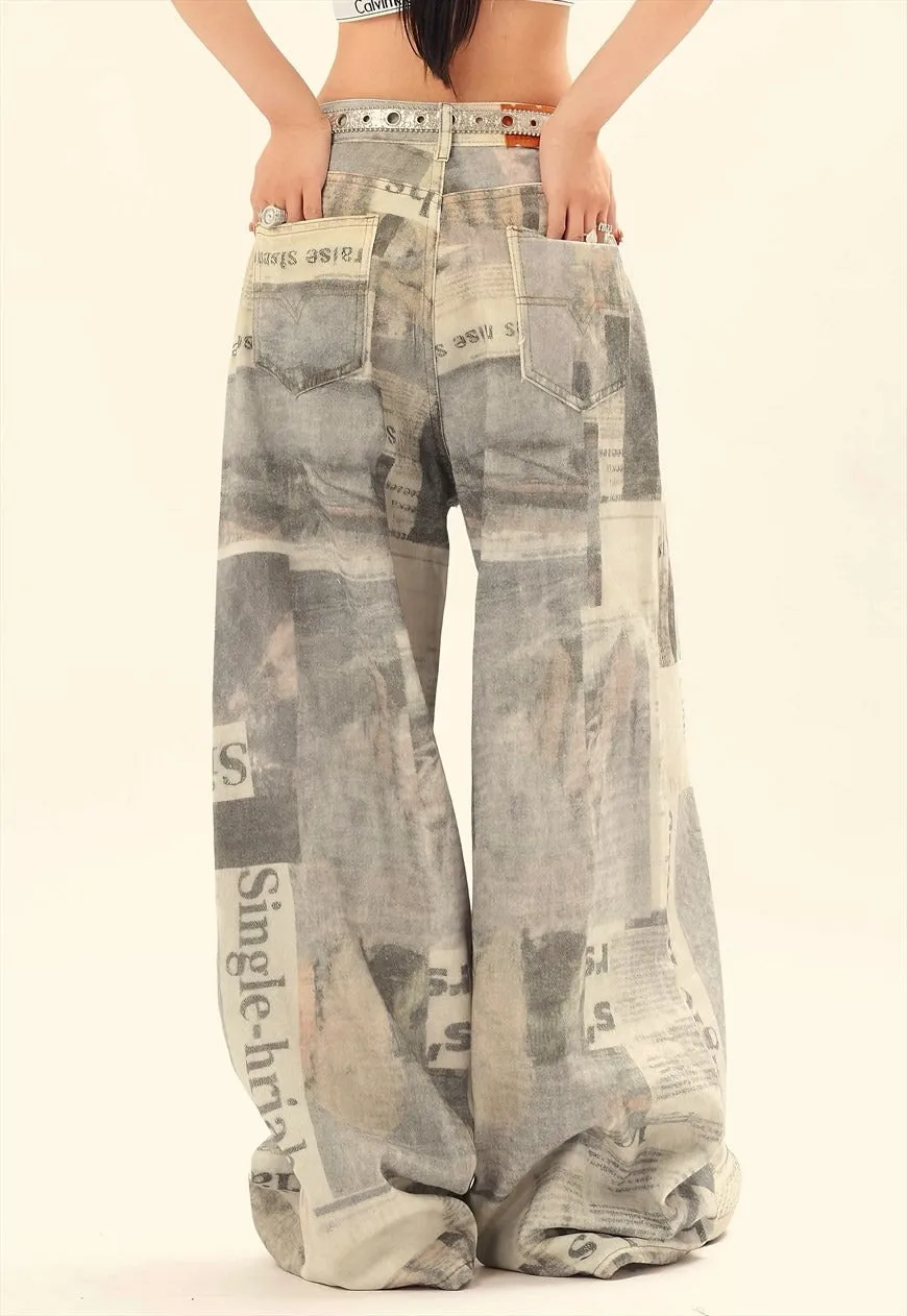 Newspaper print jeans graffiti denim pants bleached trousers