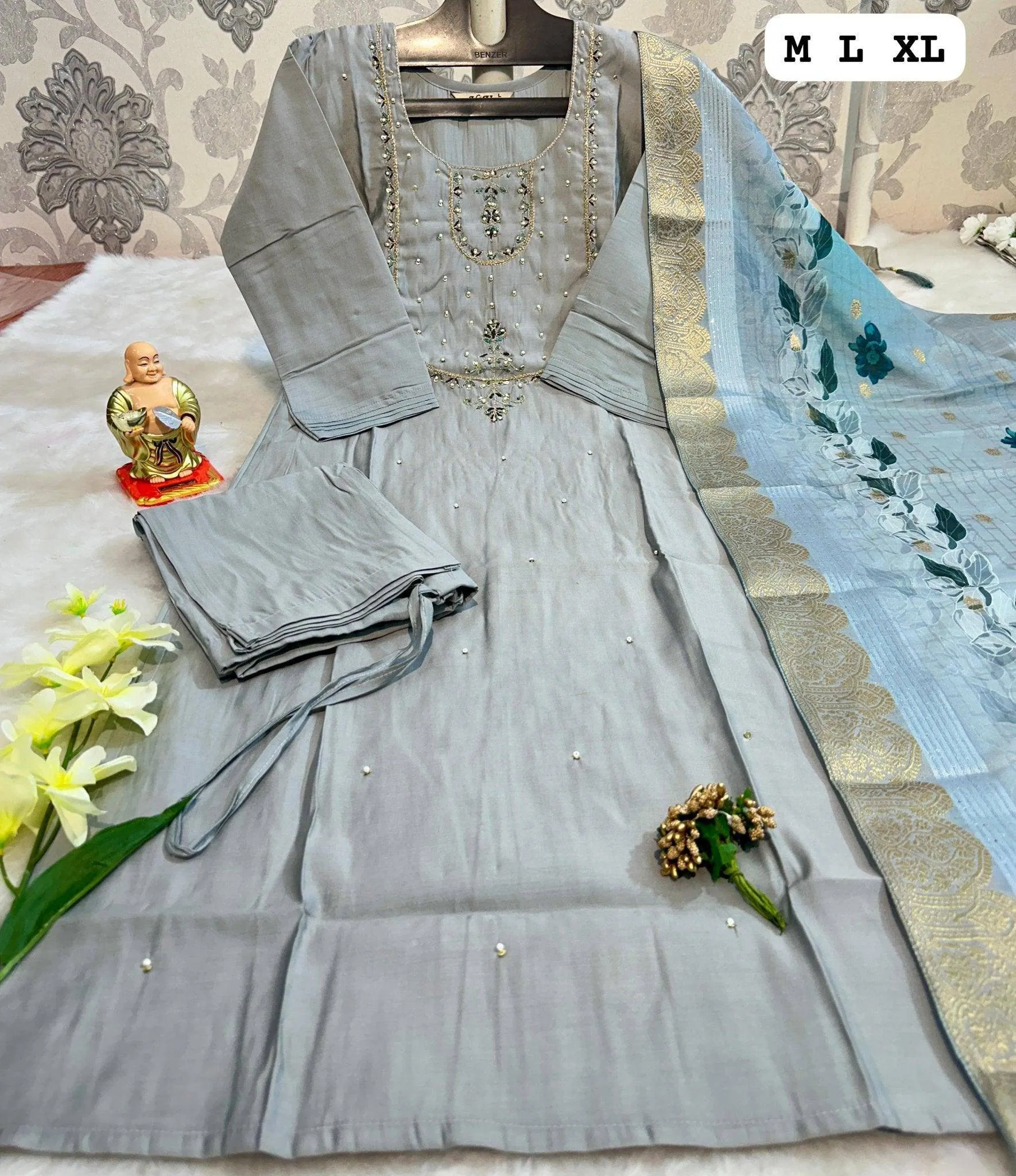 Season Hand Work Kurti with Dupatta and Pants Set