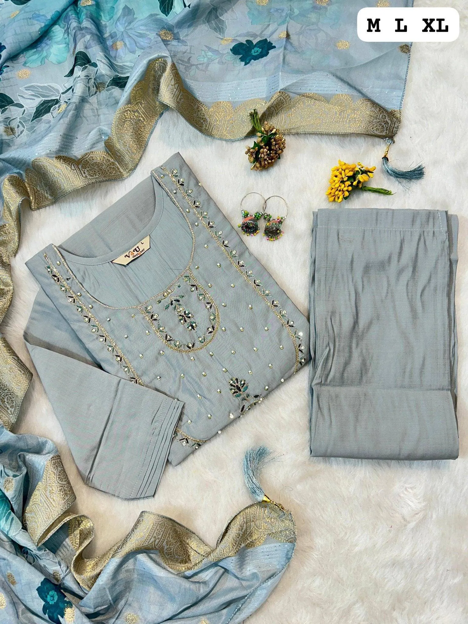 Season Hand Work Kurti with Dupatta and Pants Set