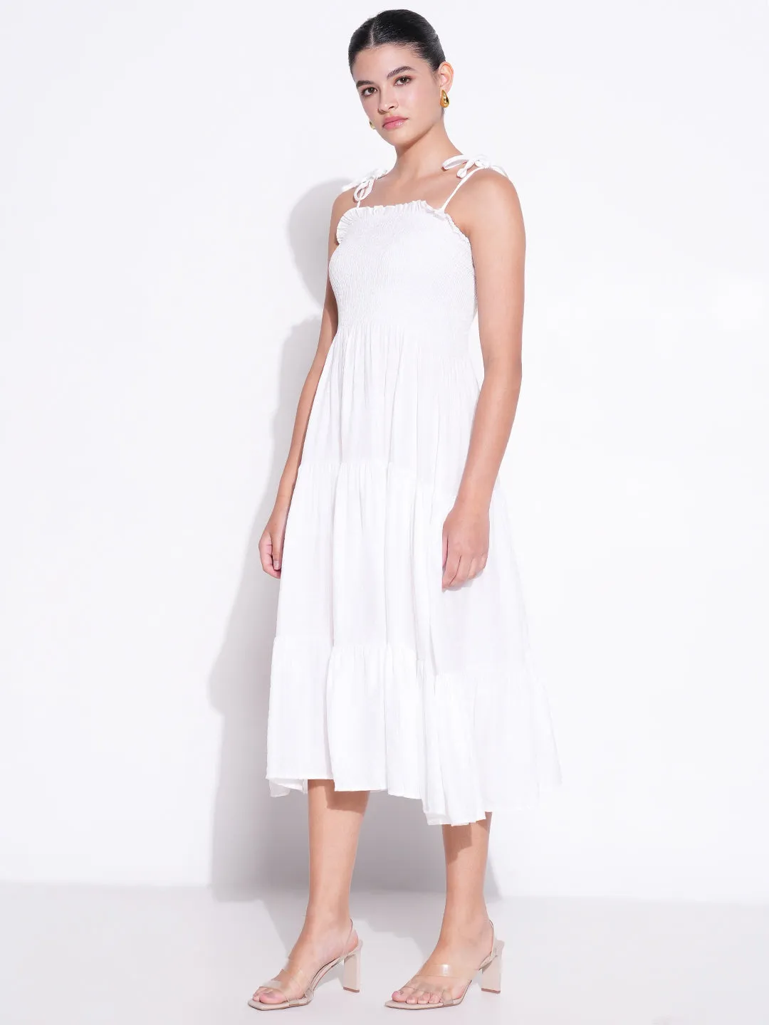 SHOWOFFFF Edition Women's Smocked White Fit and Flare Tiered Midi Dress