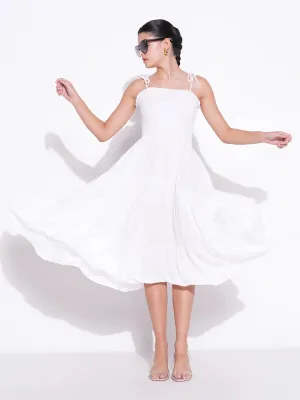 SHOWOFFFF Edition Women's Smocked White Fit and Flare Tiered Midi Dress