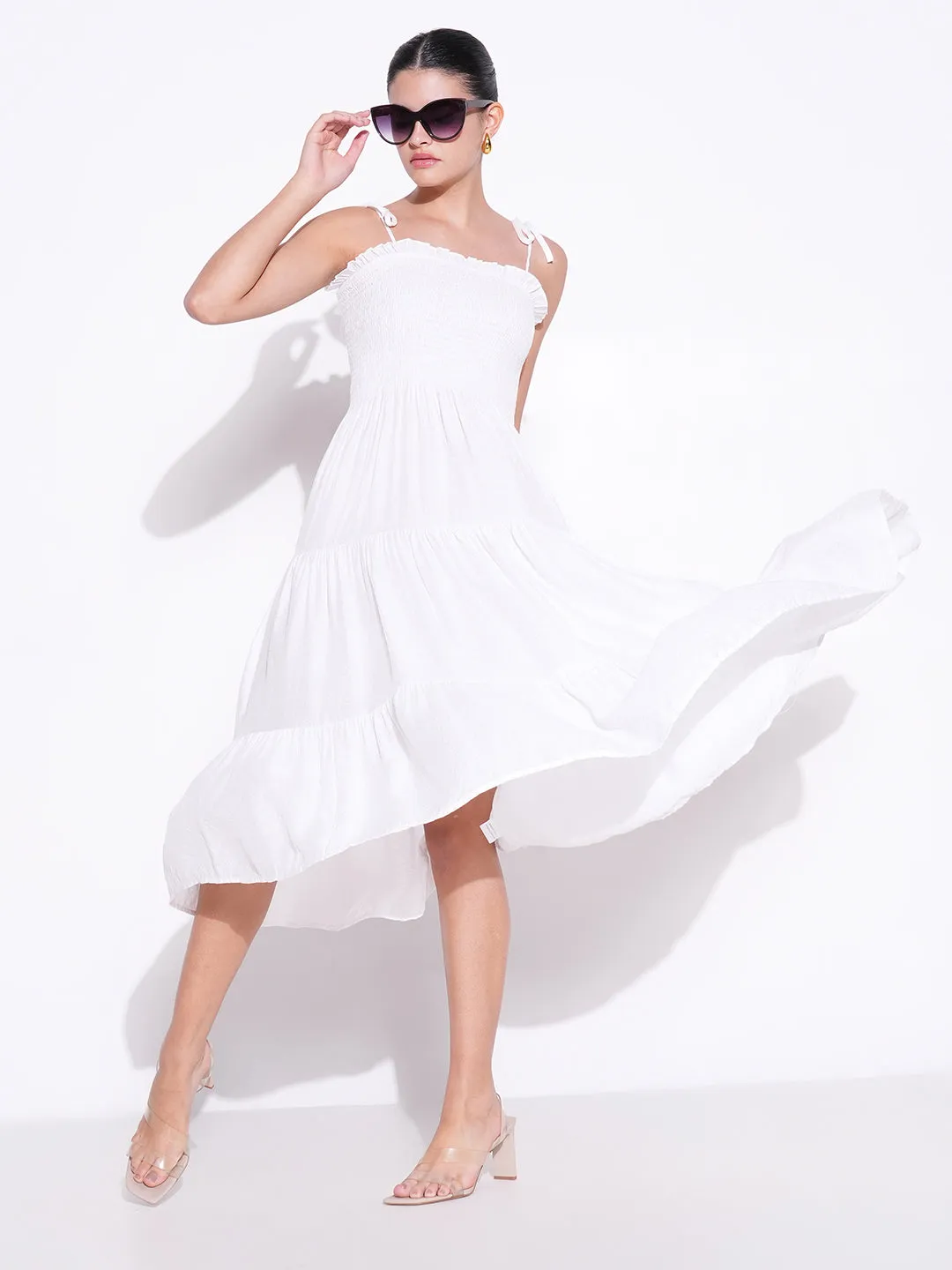 SHOWOFFFF Edition Women's Smocked White Fit and Flare Tiered Midi Dress