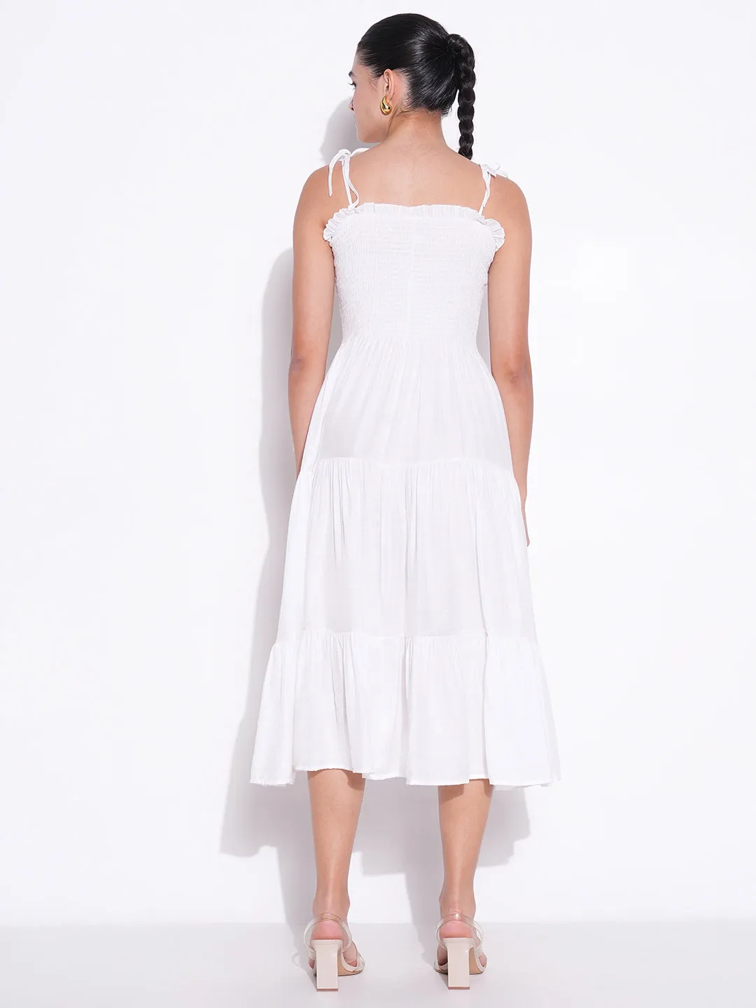 SHOWOFFFF Edition Women's Smocked White Fit and Flare Tiered Midi Dress