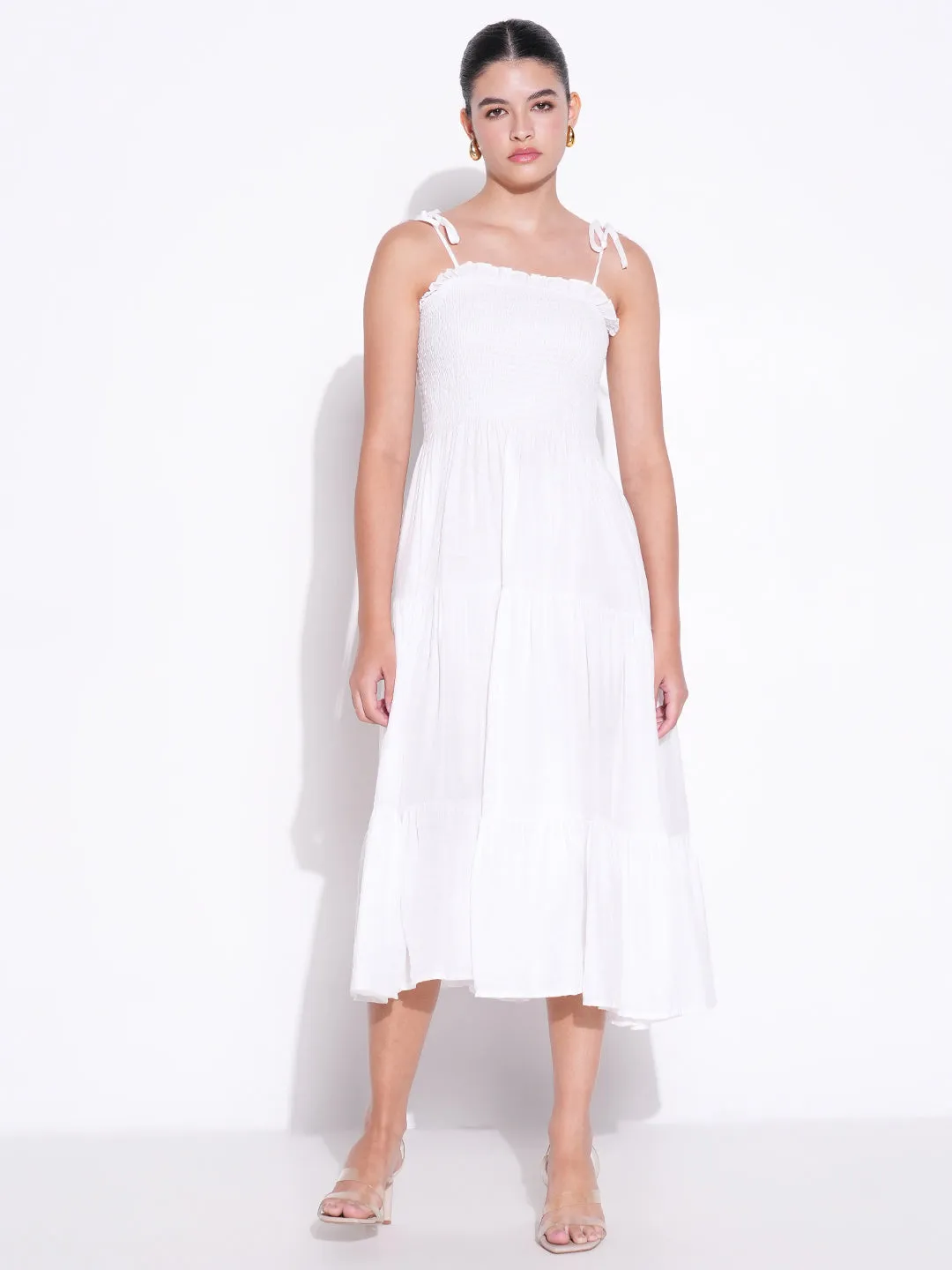 SHOWOFFFF Edition Women's Smocked White Fit and Flare Tiered Midi Dress