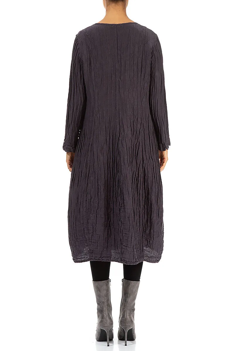 V-Neck Crinkled Vintage Violet Silk Linen Dress