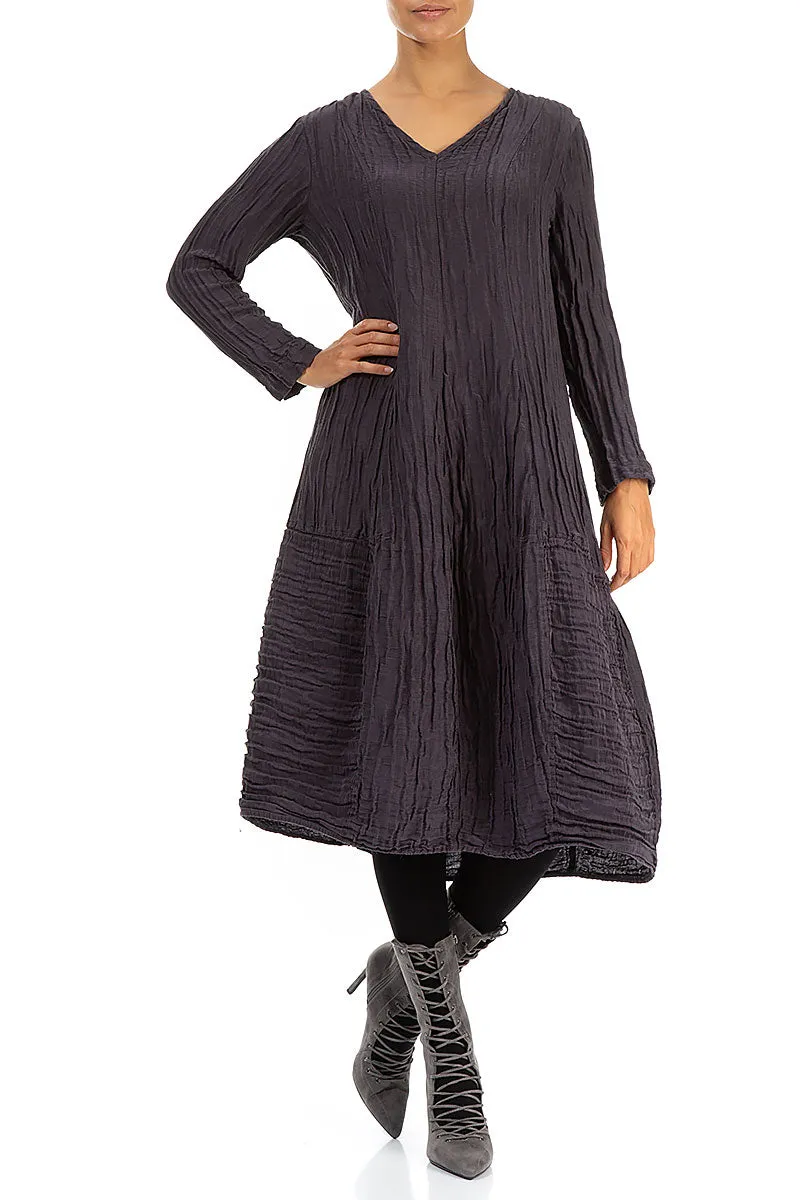 V-Neck Crinkled Vintage Violet Silk Linen Dress
