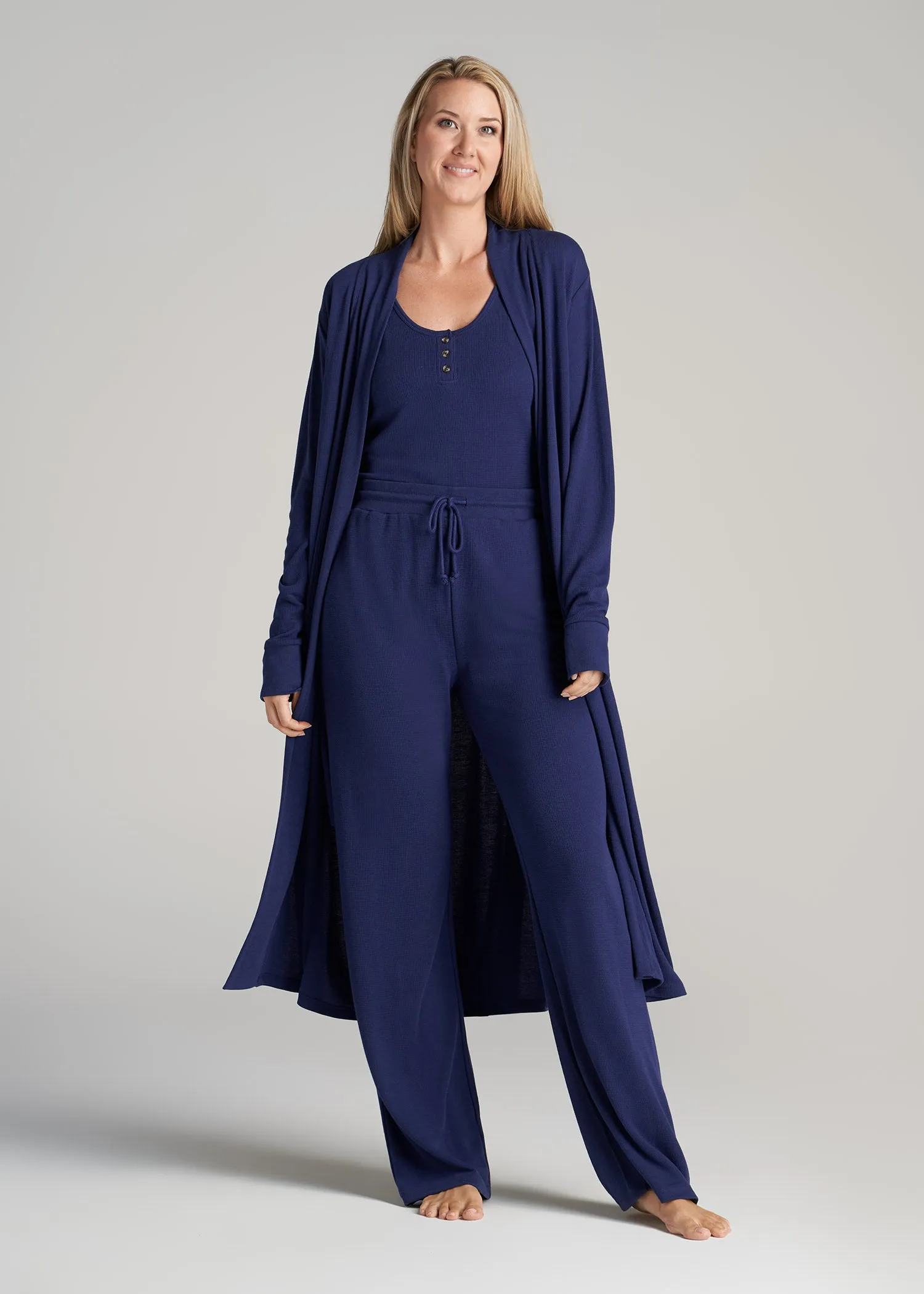 Waffle Lounge Robe for Tall Women in Midnight Blue