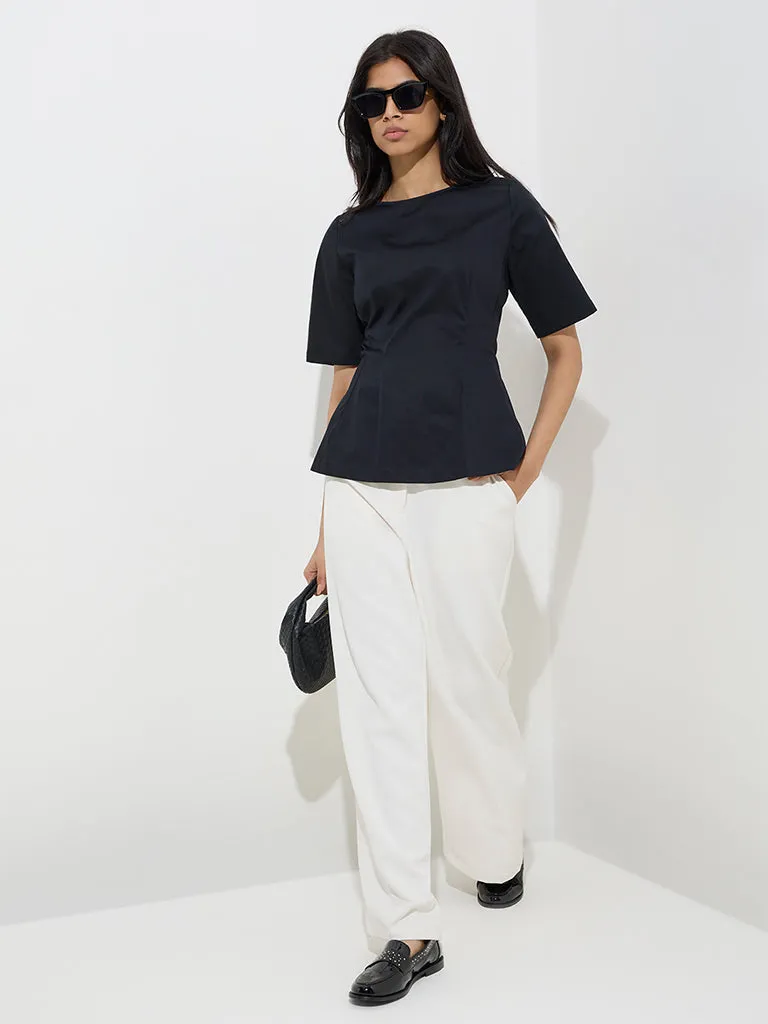 Wardrobe Black Solid Cotton Peplum Top