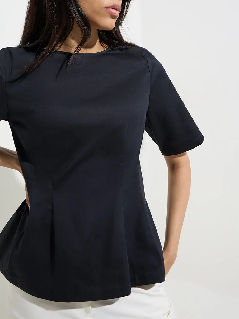 Wardrobe Black Solid Cotton Peplum Top