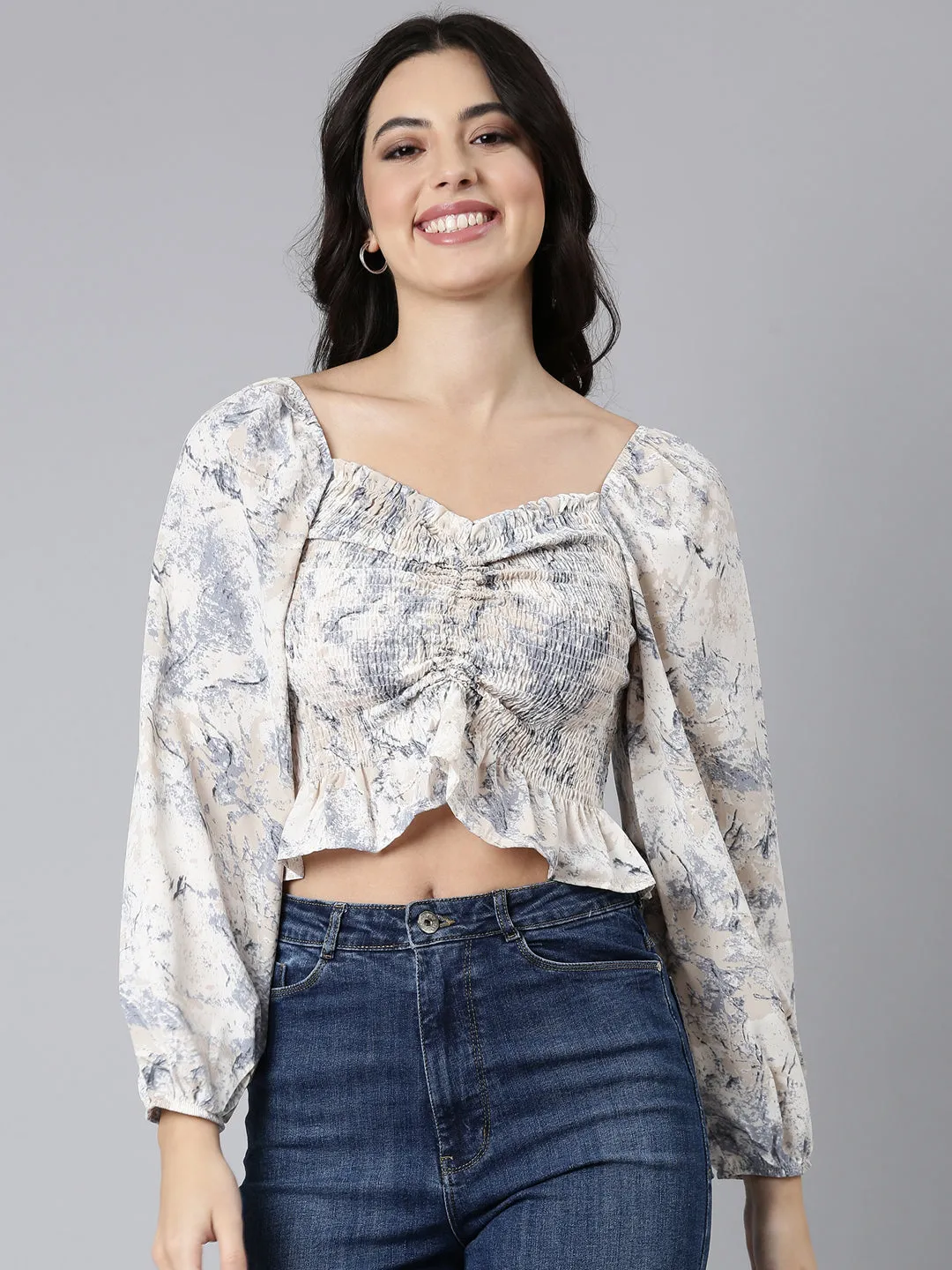 Women Cream Printed Sweetheart Neck Puff Sleeves Crop Fitted Top