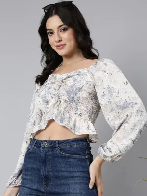 Women Cream Printed Sweetheart Neck Puff Sleeves Crop Fitted Top