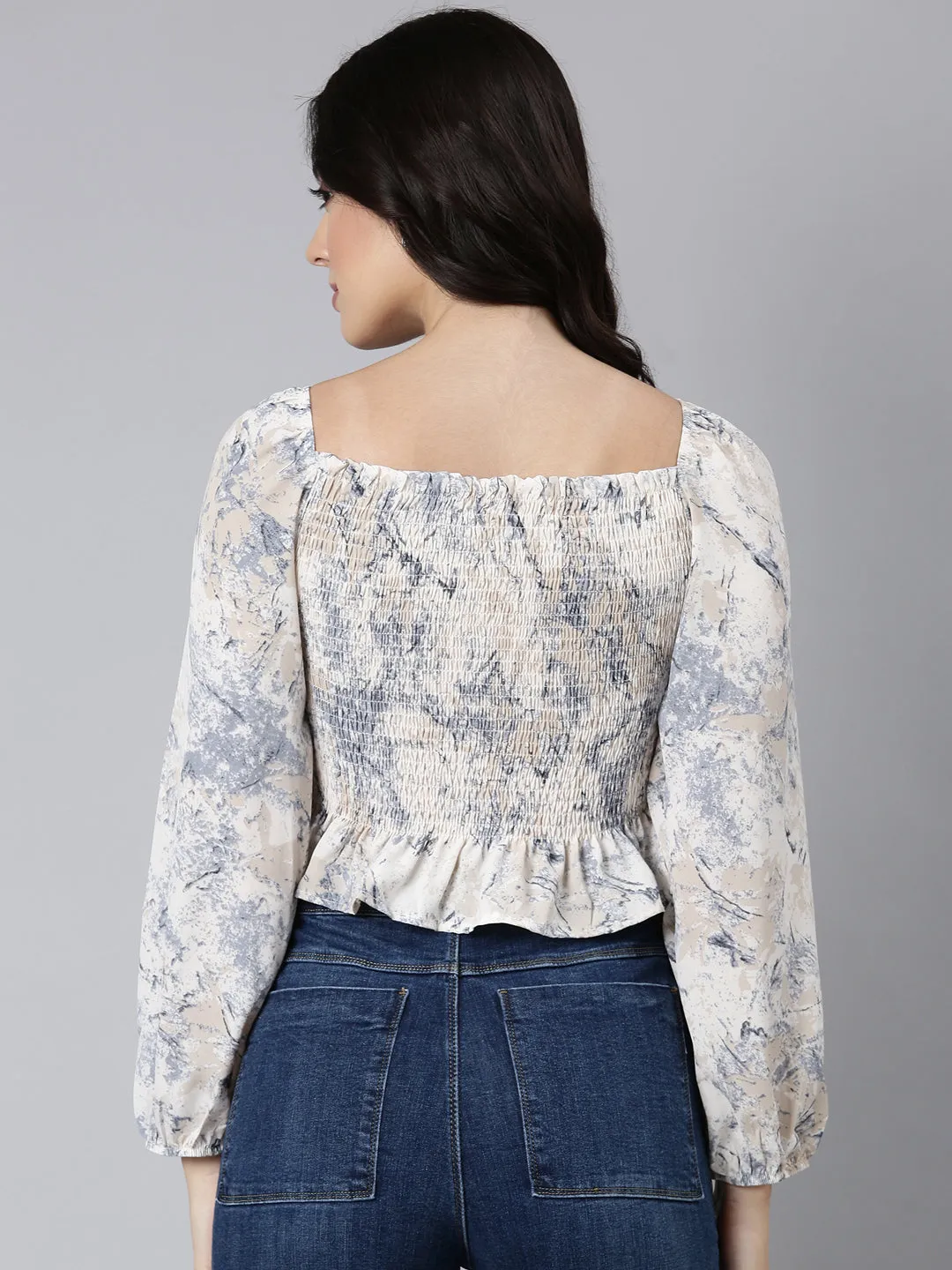Women Cream Printed Sweetheart Neck Puff Sleeves Crop Fitted Top