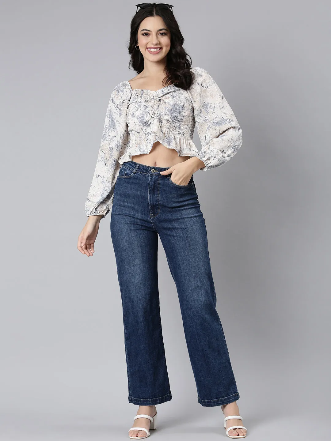 Women Cream Printed Sweetheart Neck Puff Sleeves Crop Fitted Top