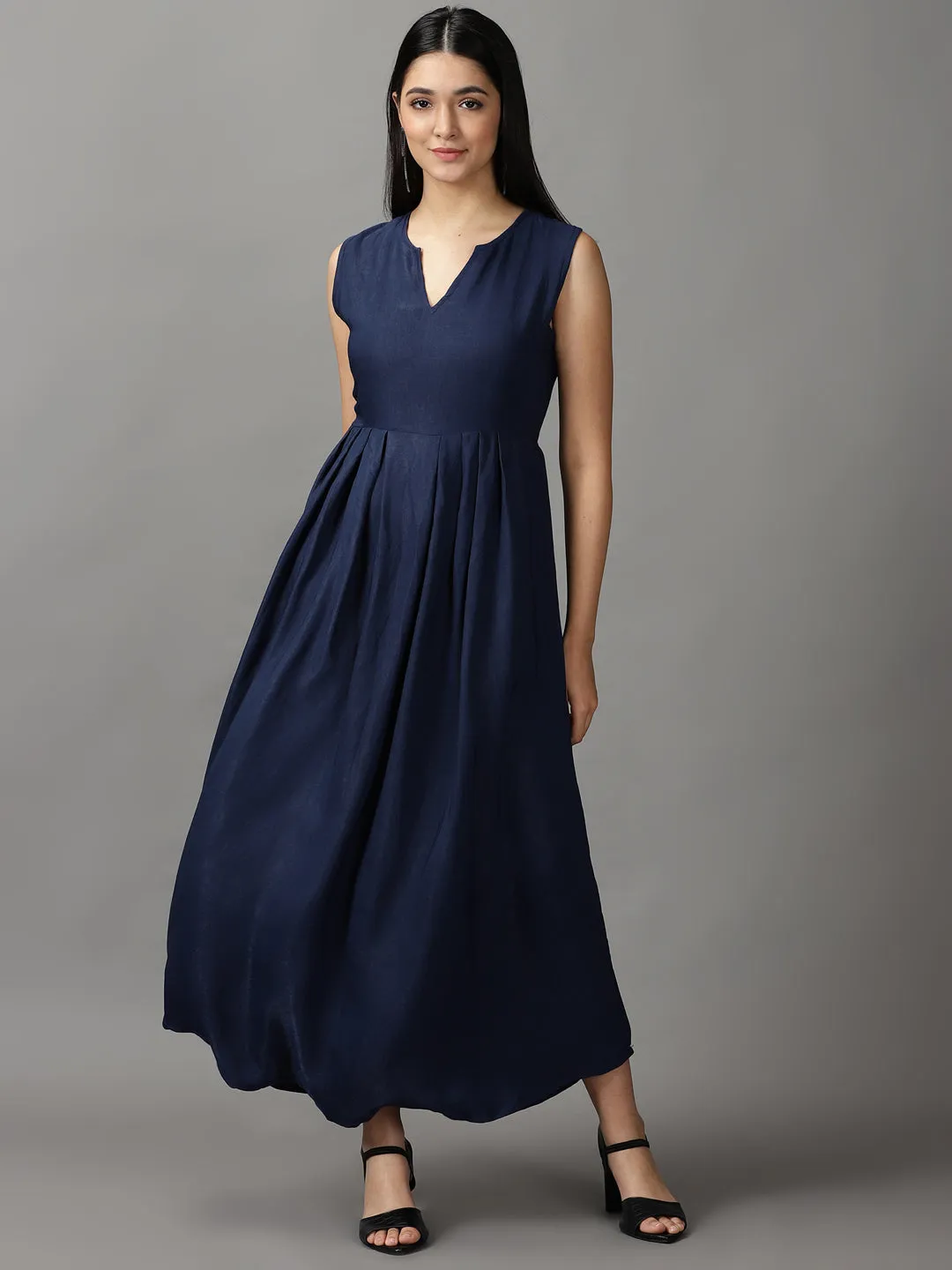 Women Navy Blue Solid Fit and Flare Maxi Dress