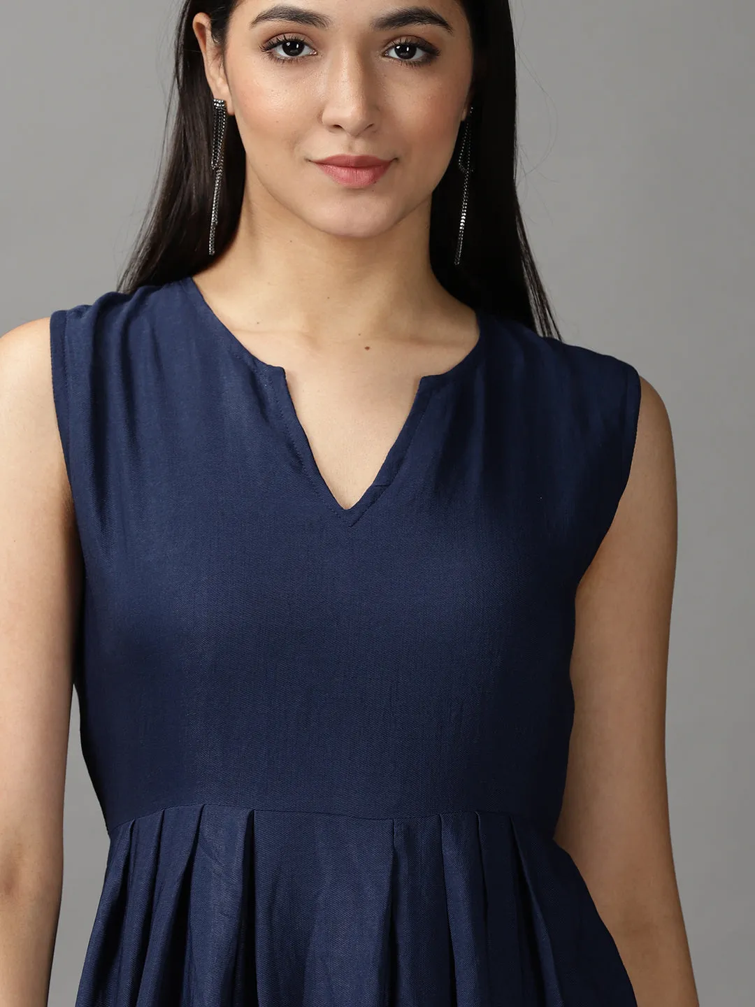 Women Navy Blue Solid Fit and Flare Maxi Dress