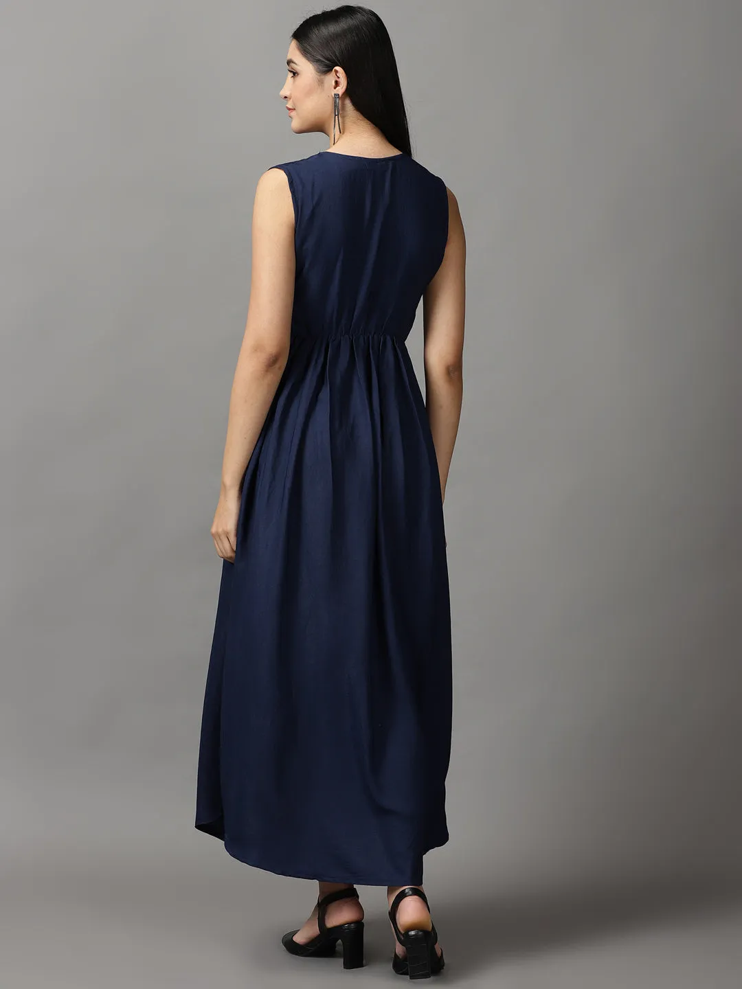 Women Navy Blue Solid Fit and Flare Maxi Dress