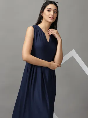 Women Navy Blue Solid Fit and Flare Maxi Dress