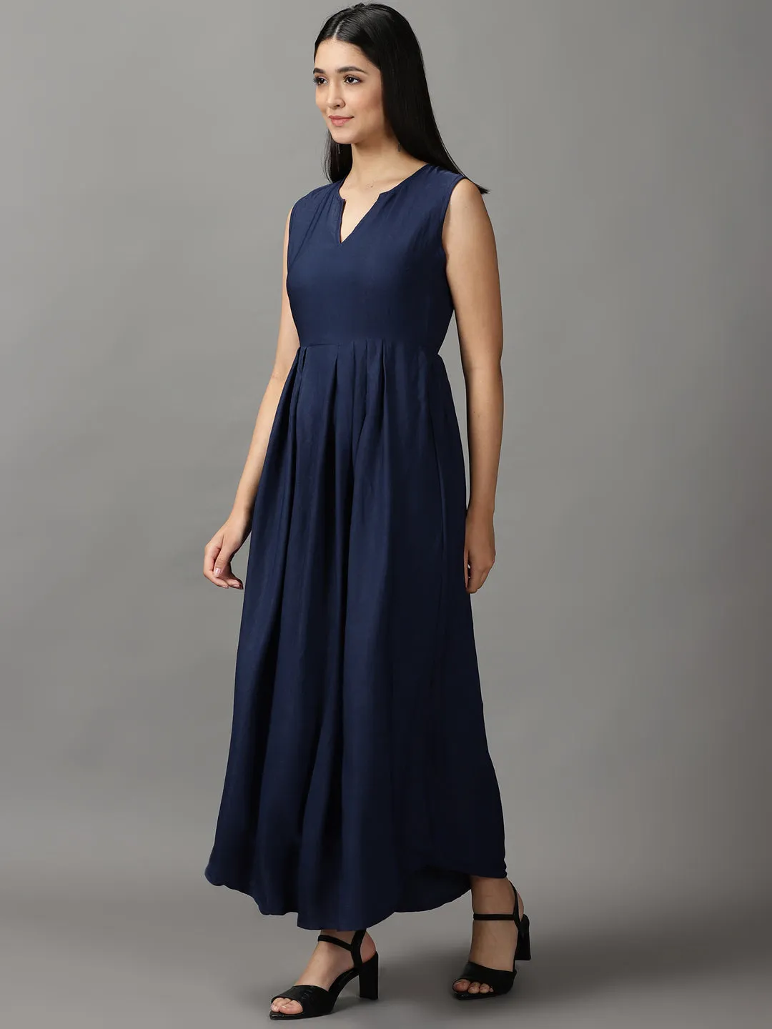 Women Navy Blue Solid Fit and Flare Maxi Dress