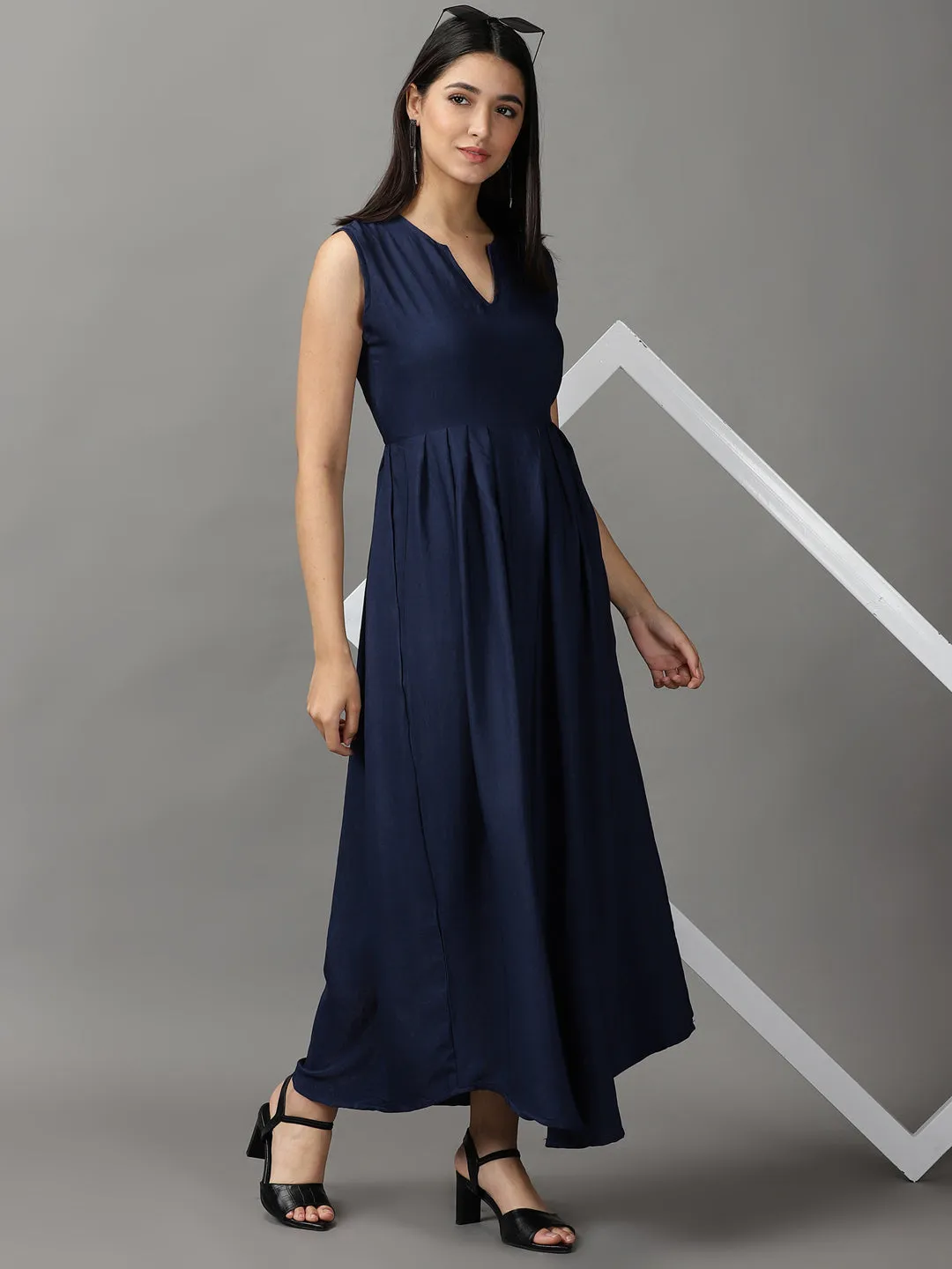 Women Navy Blue Solid Fit and Flare Maxi Dress
