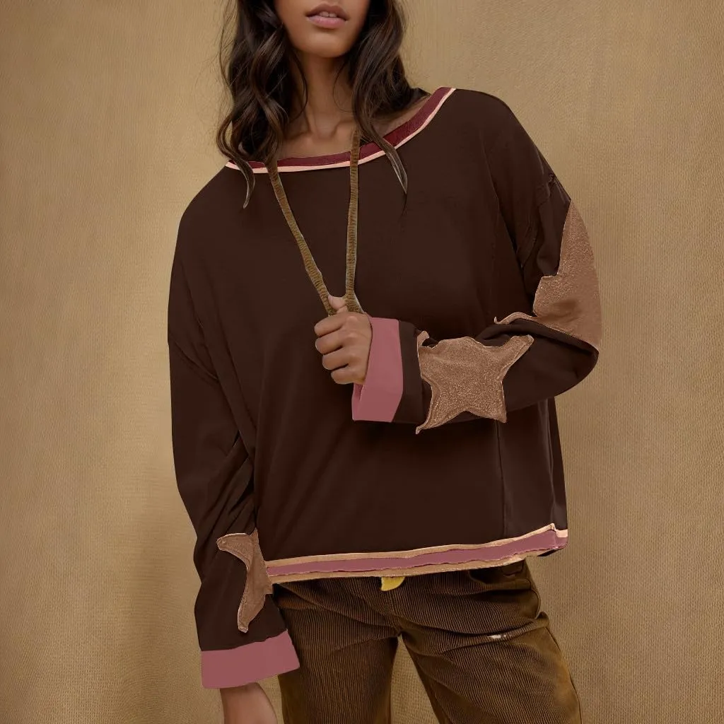 Women Oversize Sweatshirts Crewneck Long Sleeve Star Print Casual Loose Pullover Fall Fashion 2024 Clothes Tops