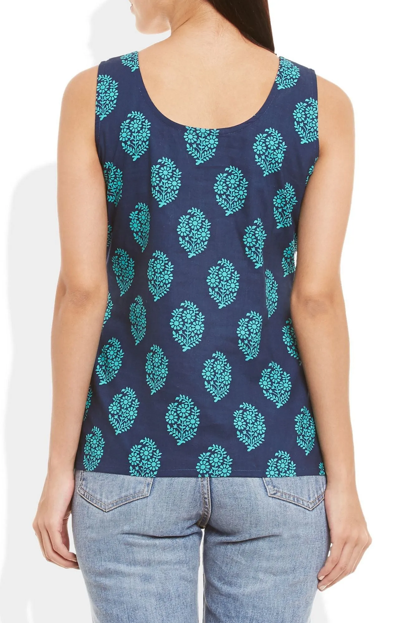 Womens Cotton Printed Short Top Kurti Sleeveless With Contrast Placket And Buttons,3X-Large,W-CST42-3119