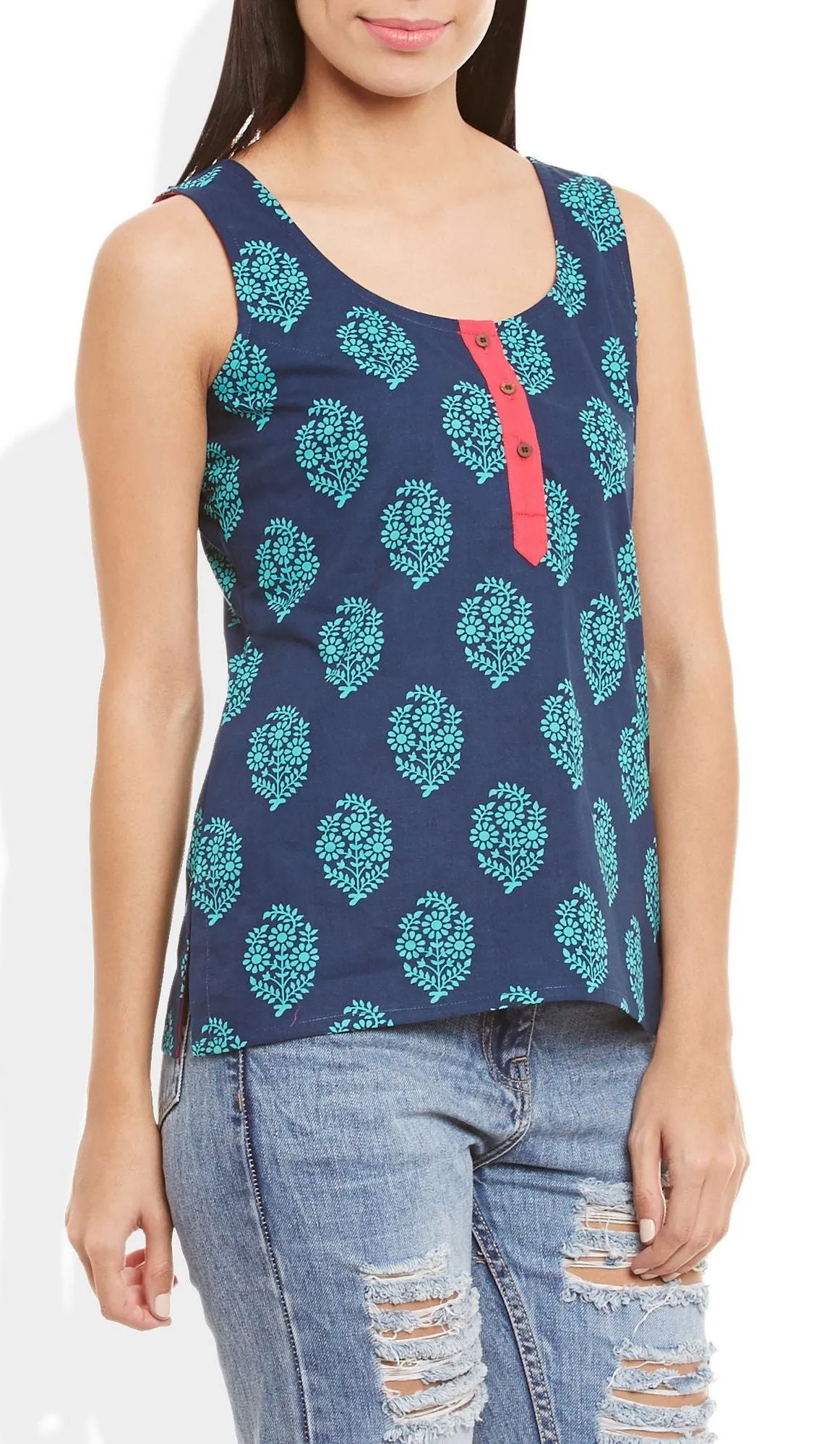Womens Cotton Printed Short Top Kurti Sleeveless With Contrast Placket And Buttons,3X-Large,W-CST42-3119