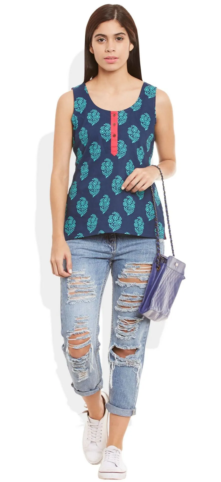 Womens Cotton Printed Short Top Kurti Sleeveless With Contrast Placket And Buttons,3X-Large,W-CST42-3119