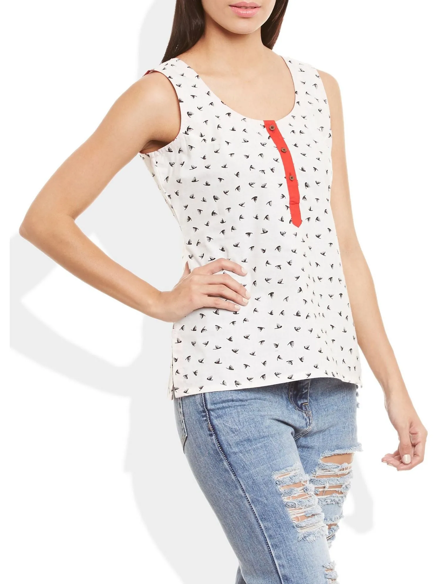 Womens Cotton Printed Short Top Kurti Sleeveless With Contrast Placket And Buttons,Small,W-CST32-3112
