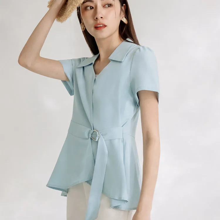 Work Soft Smooth Lapel Collar Wrap Blouse Top